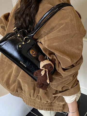 Borsa a Spalla in Pelle PU Lucida Retro per Donna Grande Capacità Borsa a Mano a Cuscino Con Ciondolo a Orsetto