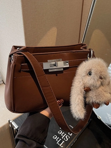 Women Fashion PU Leather Small Square Bag With Plush Rabbit Charm Korean Minimalist Metal Lock Shoulder Crossbody Bag Daily Casual Handbag