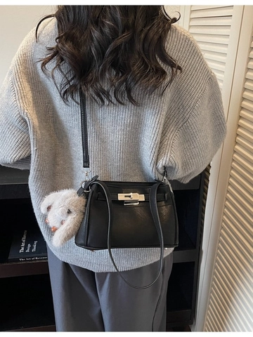 Women Fashion PU Leather Small Square Bag With Plush Rabbit Charm Korean Minimalist Metal Lock Shoulder Crossbody Bag Daily Casual Handbag