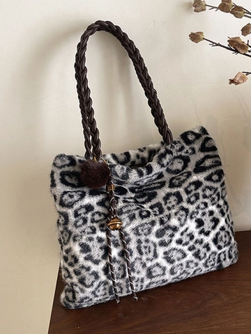 Borsa Tote in Pelliccia Sintetica Leopardata a Grande Capacità per Donna Borsa a Spalla Invernale in Peluche Con Manico Intrecciato