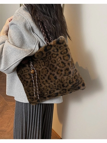 Borsa Tote in Pelliccia Sintetica Leopardata a Grande Capacità per Donna Borsa a Spalla Invernale in Peluche Con Manico Intrecciato