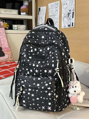 Frisse Nylon Rugzak Met Sterren en Beren Print Voor Studenten Grote Capaciteit Schooltas Met Pluche Hond Hanger Lichtgewicht Reistas