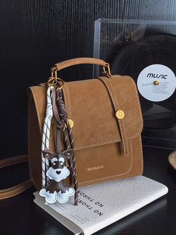 Zaino da Donna in Pelle PU Vintage con Cuciture a Contrasto Borsa a Mano Multifunzionale a Tracolla con Ciondolo a Forma di Cane