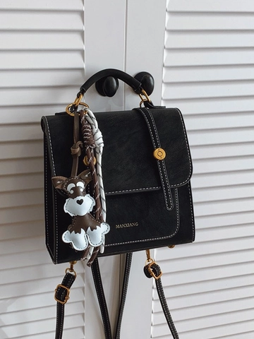 Zaino da Donna in Pelle PU Vintage con Cuciture a Contrasto Borsa a Mano Multifunzionale a Tracolla con Ciondolo a Forma di Cane