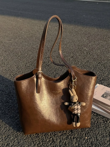 Bolso de Mano de Cuero Sintético de Gran Capacidad para Mujer Con Colgante de Conejo Estampado de Letras Vintage
