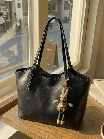 Bolso de Mano de Cuero Sintético de Gran Capacidad para Mujer Con Colgante de Conejo Estampado de Letras Vintage