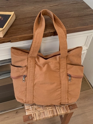 Bolso Tote de Lona para Mujer Gran Capacidad Multibolsillo Vintage Casual Bolso de Hombro Color Sólido Shopper