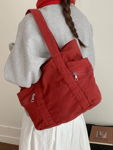 Bolso Tote de Lona para Mujer Gran Capacidad Multibolsillo Vintage Casual Bolso de Hombro Color Sólido Shopper