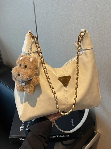 Bolso Hobo de Cuero PU Vintage para Mujer Bolso de Hombro Tote de Gran Capacidad Con Cadena Logo de Triángulo de Metal Colgante de Oso de Peluche