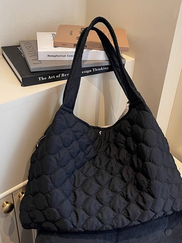 Fashion Women Quilted Puffer Tote Bag Large Capacity Wave Pattern Padded Shoulder Bag Solid Color Casual Commuting Handbag