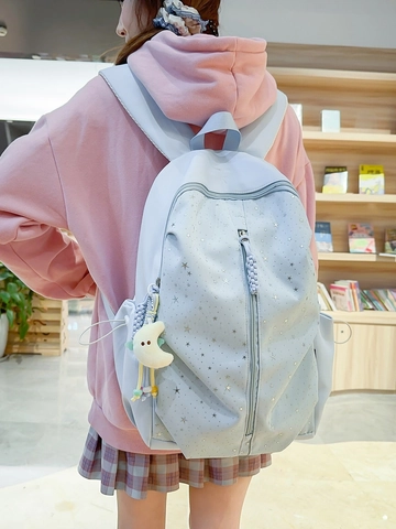 Women's Casual Nylon School Backpack With Star Print Waterproof Large Capacity Laptop Bag With Moon Plush Pendant For Students