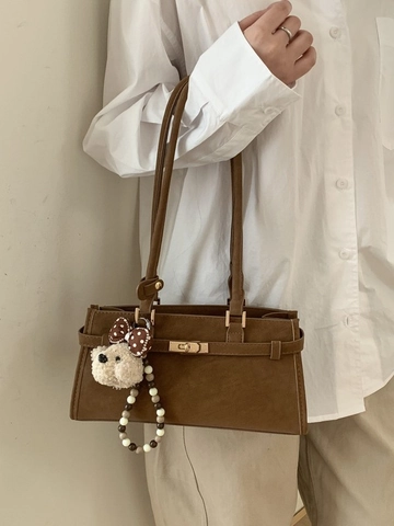 Women Retro Suede PU Underarm Bag With Metal Turn-Lock Furry Puppy Charm Fashion Solid Color Shoulder Bag For Casual Daily Office