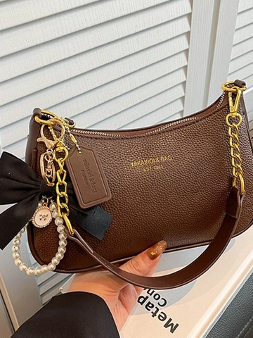 Bolso de Bandolera para Mujer de Cuero PU con Textura de Lichi Colgante de Lazo Perla Cadena Dorada Bolso Dumpling Moda