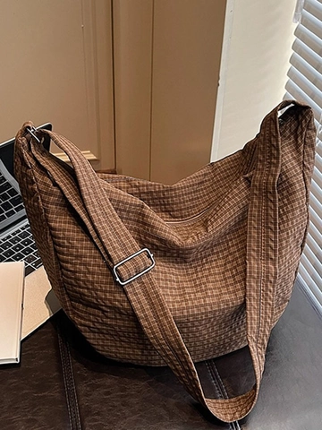 Grand Sac Bandoulière Femme Motif à Carreaux Vintage Décontracté en Tissu Sac à Épaule Hobo Quotidien Polyvalent