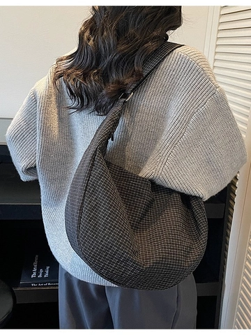 Damen Große Kapazität Karo Segeltuch Umhängetasche Vintage Hobo Knödel Schultertasche Mit Verstellbarem Gurt Lässige Reise Tote
