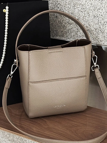 Women Retro Litchi Grain PU Leather Bucket Bag Versatile High End Single Shoulder Crossbody Handbag Adjustable Strap