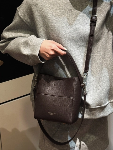 Women Retro Litchi Grain PU Leather Bucket Bag Versatile High End Single Shoulder Crossbody Handbag Adjustable Strap