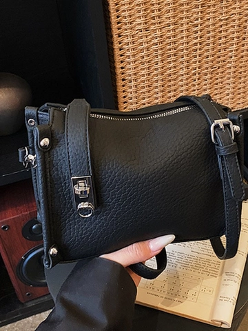 Women Retro Litchi Pattern PU Leather Boston Bag Silver Hardware Rivet Crossbody Bag Casual Commute Pillow Handbag