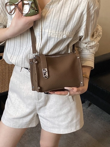 Women Retro Litchi Pattern PU Leather Boston Bag Silver Hardware Rivet Crossbody Bag Casual Commute Pillow Handbag