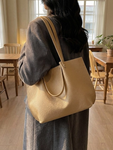 Bolso Tote de Cuero PU con Grano de Lichi de Gran Capacidad para Mujer Bolso de Hombro de Color Sólido para Oficina