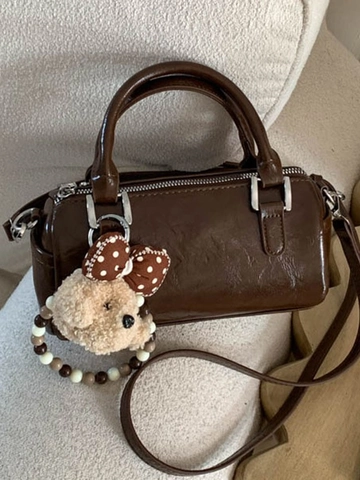 Women Casual PU Leather Cylinder Boston Bag With Bear Pendant Simple Versatile Small Crossbody Shoulder Handbag