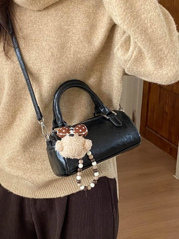 Women Casual PU Leather Cylinder Boston Bag With Bear Pendant Simple Versatile Small Crossbody Shoulder Handbag