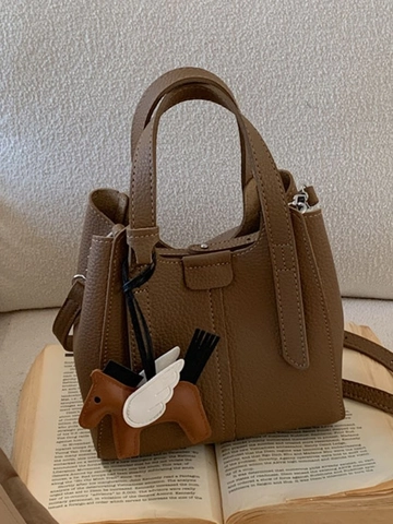 Vintage Lychee Pattern PU Leather Bucket Bag For Women Fashion Small Tote Crossbody Bag With Horse Charm Shoulder Bag