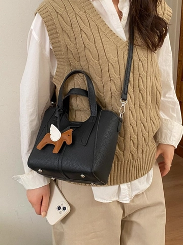Vintage Lychee Pattern PU Leather Bucket Bag For Women Fashion Small Tote Crossbody Bag With Horse Charm Shoulder Bag