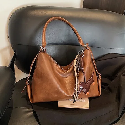 Vintage PU Leder Schultertasche Mit Großer Kapazität Für Damen Retro Hobo Tote Tasche Mit Dackel Anhänger Pendler Tasche