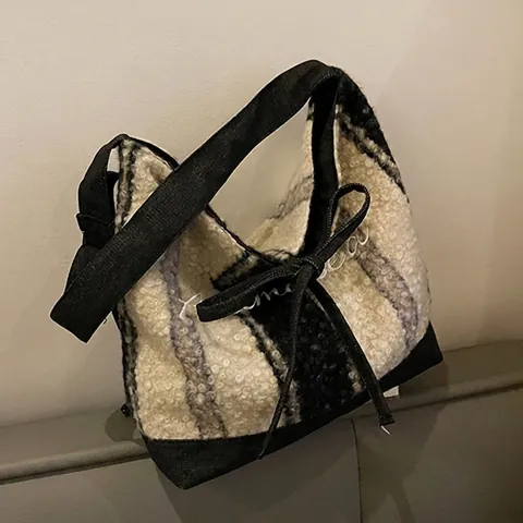 Koreaanse Stijl Grote Capaciteit Pluche Tote Bag Voor Vrouwen Casual Gestreepte Luipaard Ster Patroon Wollen Crossbody Tas