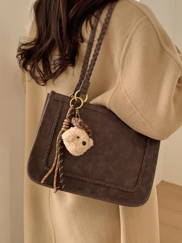 Women Retro Faux Suede Tote Bag Large Capacity Minimalist Shoulder Bag With Braided Handle And Plush Bear Pendant