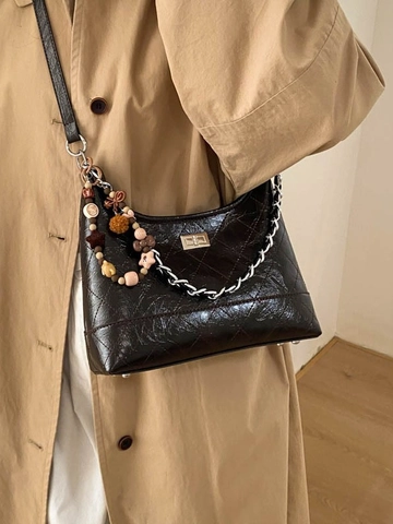 Vintage Women's Quilted PU Leather Shoulder Bag With Chain Strap Sophisticated Retro Hobo Bag Large Capacity Underarm Bag