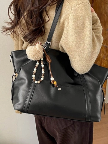 Women Retro Large Capacity PU Leather Tote Bag Minimalist Sophisticated Commuter Shoulder Bag With Plush Bear Charm For Daily Work