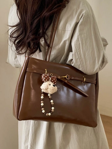 Damen Große Tragetasche Aus Glänzendem PU Leder Vintage Minimalistisch Schultertasche Mit Welpen Anhänger Mode Pendler Handtasche