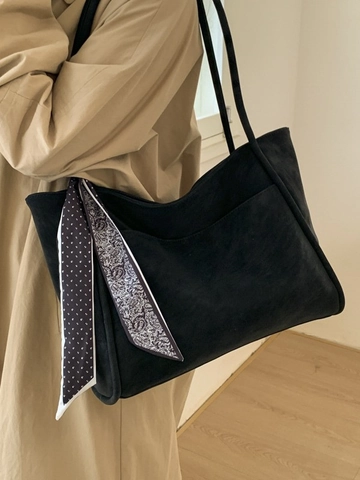 Borsa Tote da Donna in Pelle PU Opaca Retrò Grande Capacità Borsa a Spalla da Pendolare Con Foulard Decorativo Minimalista