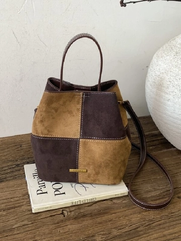 Vintage Suede Feel Patchwork Bucket Bag For Women Retro Color Block Shoulder Bag With Contrast Stitching Handbag