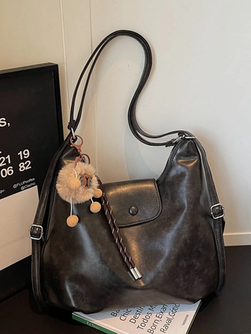 Borsa a Spalla Vintage in Pelle PU per Donna Grande Capacità Borsa Hobo Retrò Con Ciondolo in Peluche Borsa da Lavoro