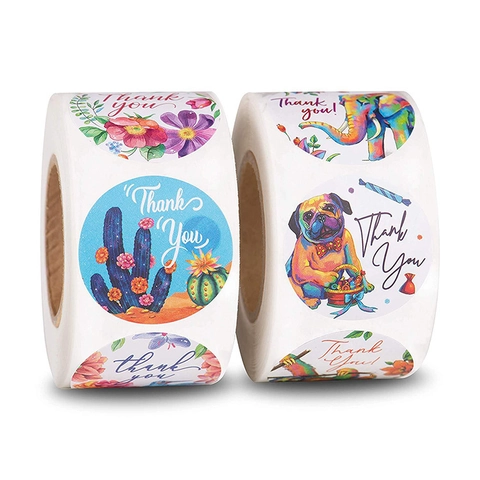 Dieren Bloemen Thank You Stickers Rol Gekleurde Ronde Zelfklevende Etiketten Voor Zakelijke Cadeauverpakking Bruiloft Envelop