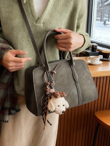 Women Vintage Tote Bag Large Capacity PU Leather Handbag Casual Shoulder Bag With Plush Dog Charm Retro Crossbody Bag