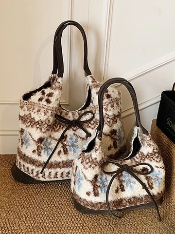 Bolso Tote de Felpa con Patrón de Copo de Nieve Retro Gran Capacidad Bolso de Hombro de Punto Nórdico Para Mujer Casual