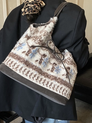 Bolso Tote de Felpa con Patrón de Copo de Nieve Retro Gran Capacidad Bolso de Hombro de Punto Nórdico Para Mujer Casual