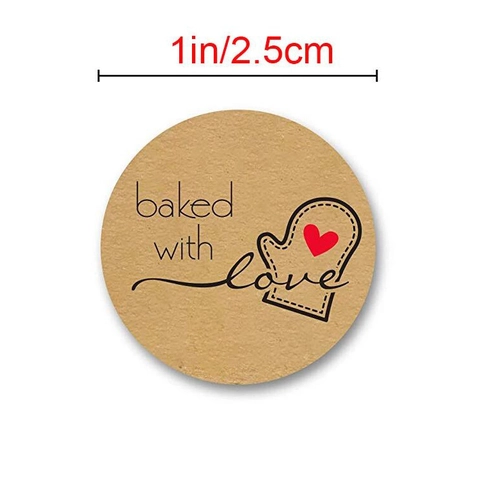 Baked With Love Kraft Paper Round Sealing Stickers Label Oven Mitt Heart Pattern Decorative DIY Bakery Packaging Sticker