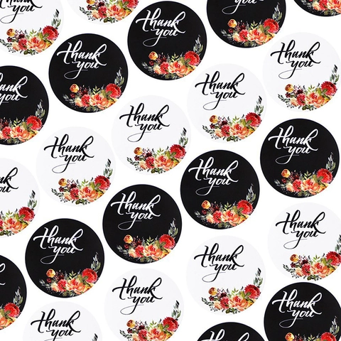 Florale Thank You Stickers Ronde Zelfklevende Etiketten Voor Zakelijke Cadeauverpakking Bruiloft Feest Zegelstickers Zwart Wit