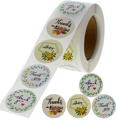 Floral Thank You Stickers Roll For Wedding Gift Box Sealing Labels Celebrating Decoration Round Paper Labels Stickers