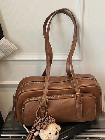 Vintage PU Leather Shoulder Bag For Women Fashion Large Capacity Underarm Bag Multi Zipper Niche Handbag With Plush Pendant