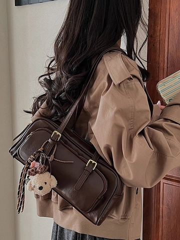 Vintage PU Leather Shoulder Bag For Women Fashion Large Capacity Underarm Bag Multi Zipper Niche Handbag With Plush Pendant