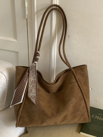 Women Large Capacity PU Leather Tote Bag Minimalist Retro Commute Shoulder Bag With Decorative Silk Scarf Work Office Solid Bag
