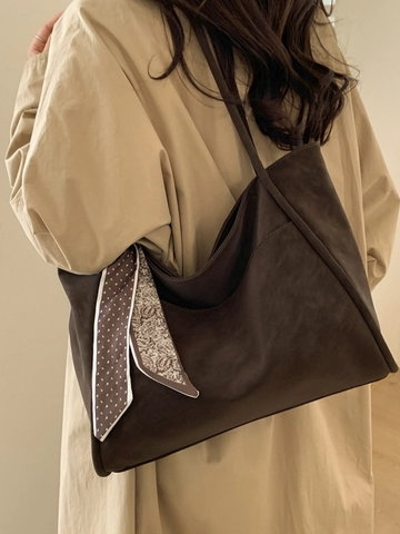 Women Large Capacity PU Leather Tote Bag Minimalist Retro Commute Shoulder Bag With Decorative Silk Scarf Work Office Solid Bag
