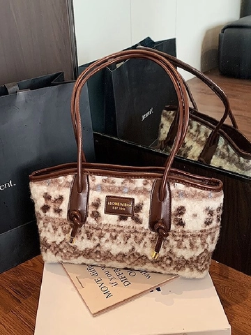 Damen Vintage Plüsch Tote Bag Jacquard Muster PU Lederriemen Herbst Winter Schulter Achseltasche Große Kapazität Handtasche