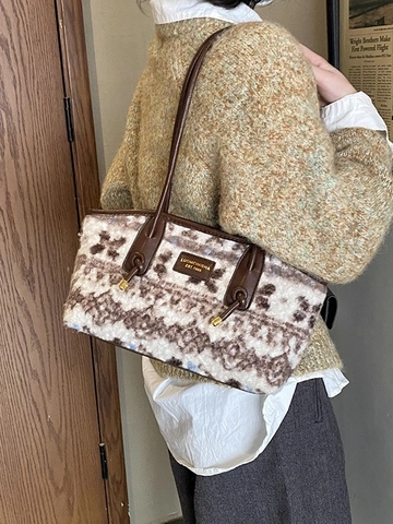 Damen Vintage Plüsch Tote Bag Jacquard Muster PU Lederriemen Herbst Winter Schulter Achseltasche Große Kapazität Handtasche
